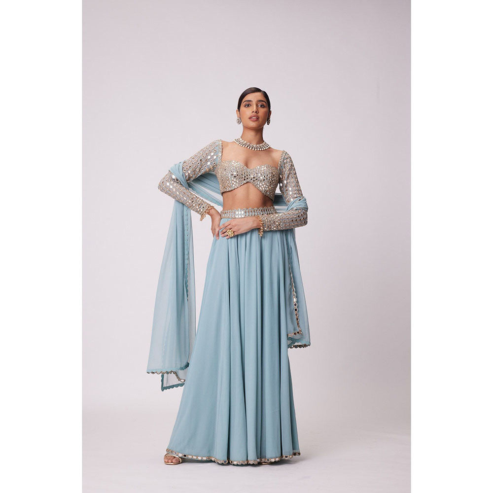 Vvani by Vani Vats Blue Flared Palazzo with Blouse and Dupatta (Set of 3)