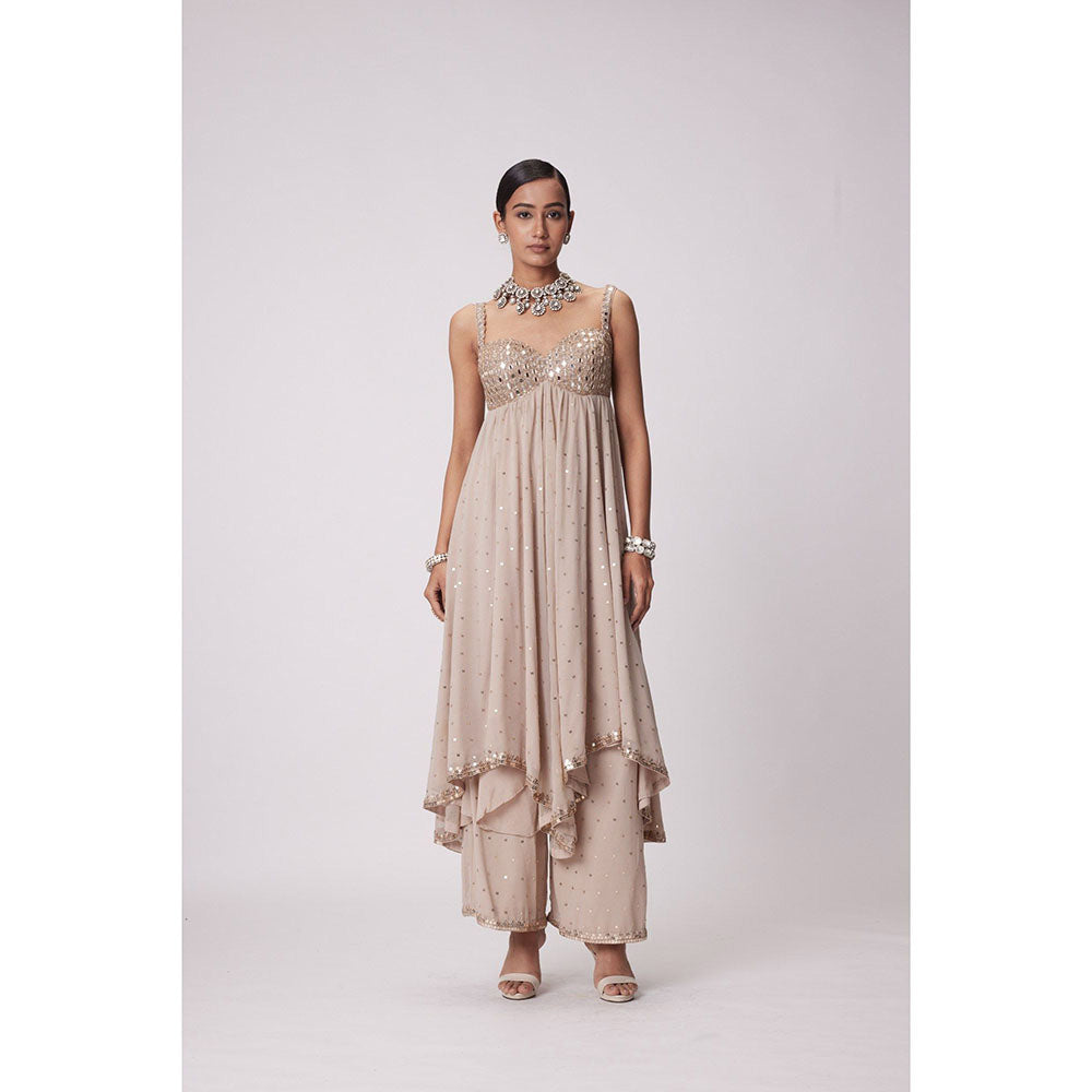 Vvani by Vani Vats Beige High Low Kurta with Palazzo and Dupatta (Set of 3)