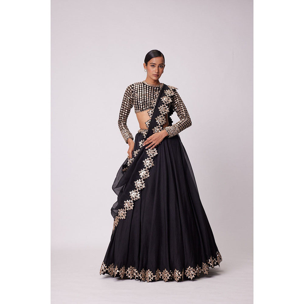 Vvani by Vani Vats Black Mirror Lehenga with Blouse and Dupatta (Set of 3)