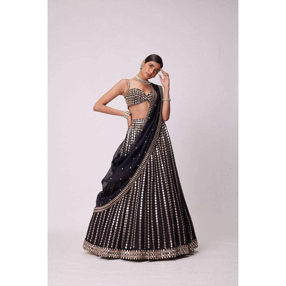 Vvani by Vani Vats Black Linear Mirror Lehenga with Blouse and Dupatta (Set of 3)