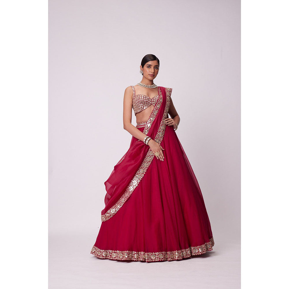 Vvani by Vani Vats Red Embroidered Lehenga with Blouse and Dupatta (Set of 3)