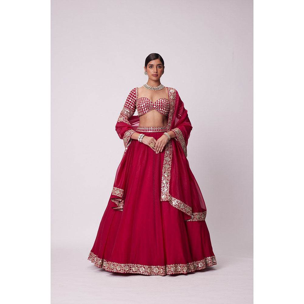 Vvani by Vani Vats Red Mirror Lehenga with Blouse and Dupatta (Set of 3)