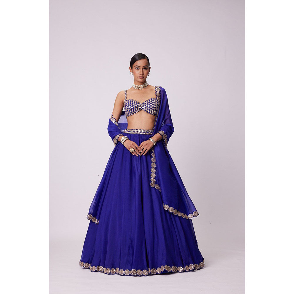 Vvani by Vani Vats Blue Mirror Lehenga with Blouse and Dupatta (Set of 3)