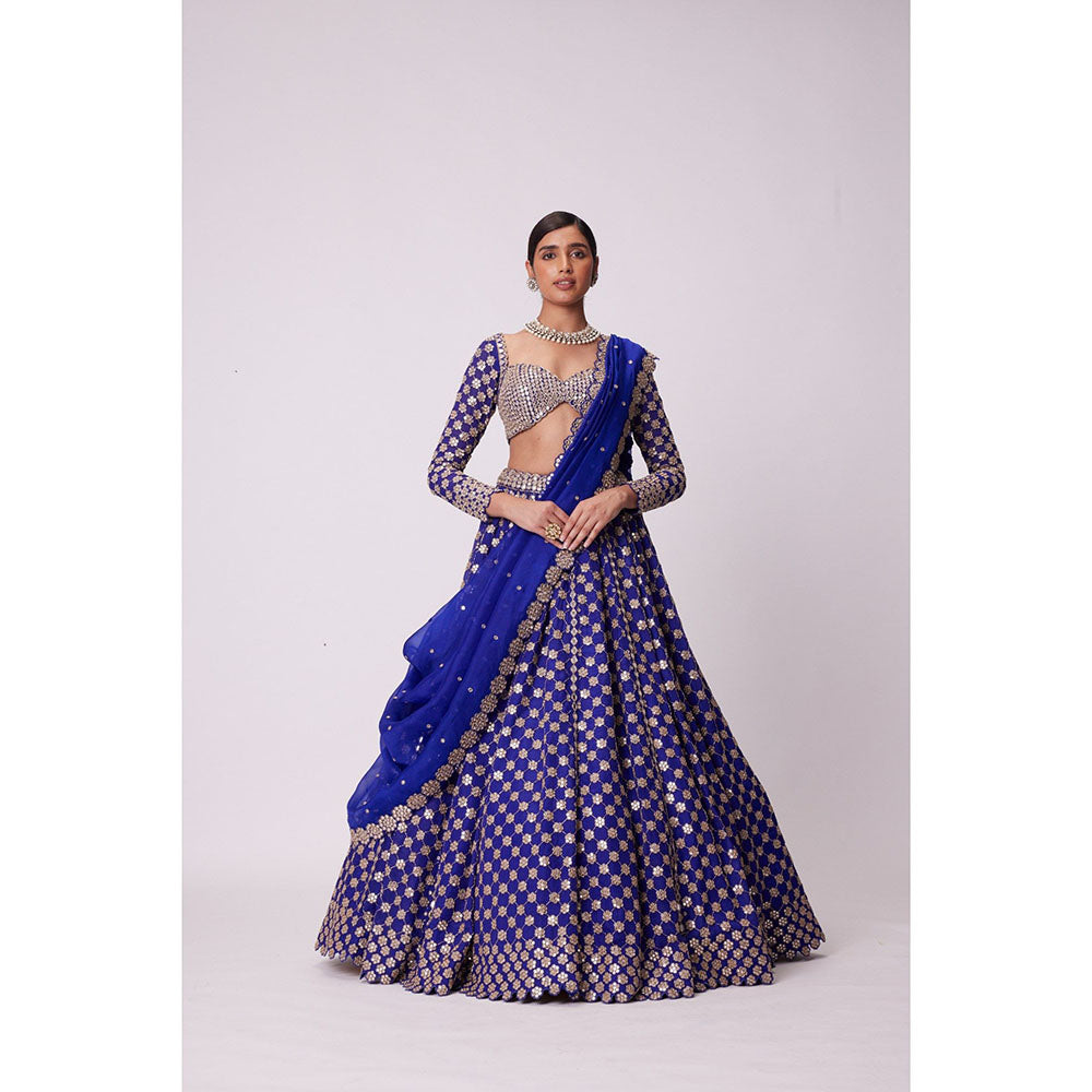 Vvani by Vani Vats Blue Mirror Lehenga with Blouse and Dupatta (Set of 3)