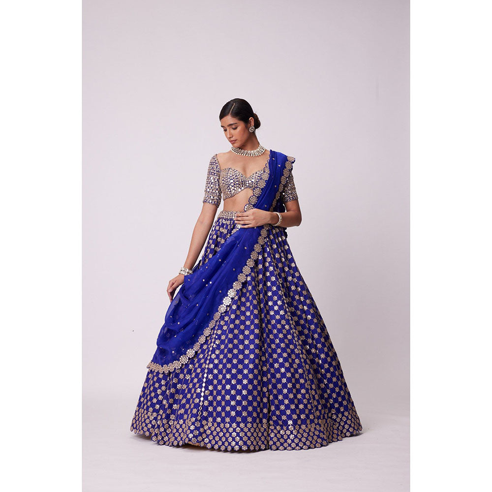 Vvani by Vani Vats Blue Mirror Lehenga with Blouse and Dupatta (Set of 3)