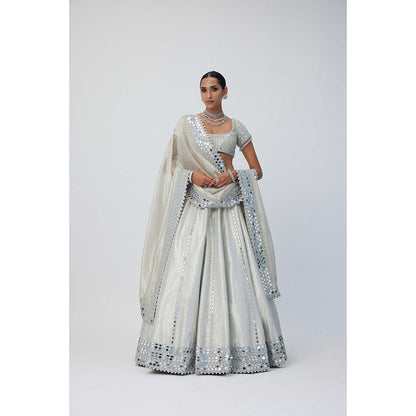 Vvani by Vani Vats Silver Shimmer Organza Linear Lehenga with Blouse and Dupatta (Set of 3)