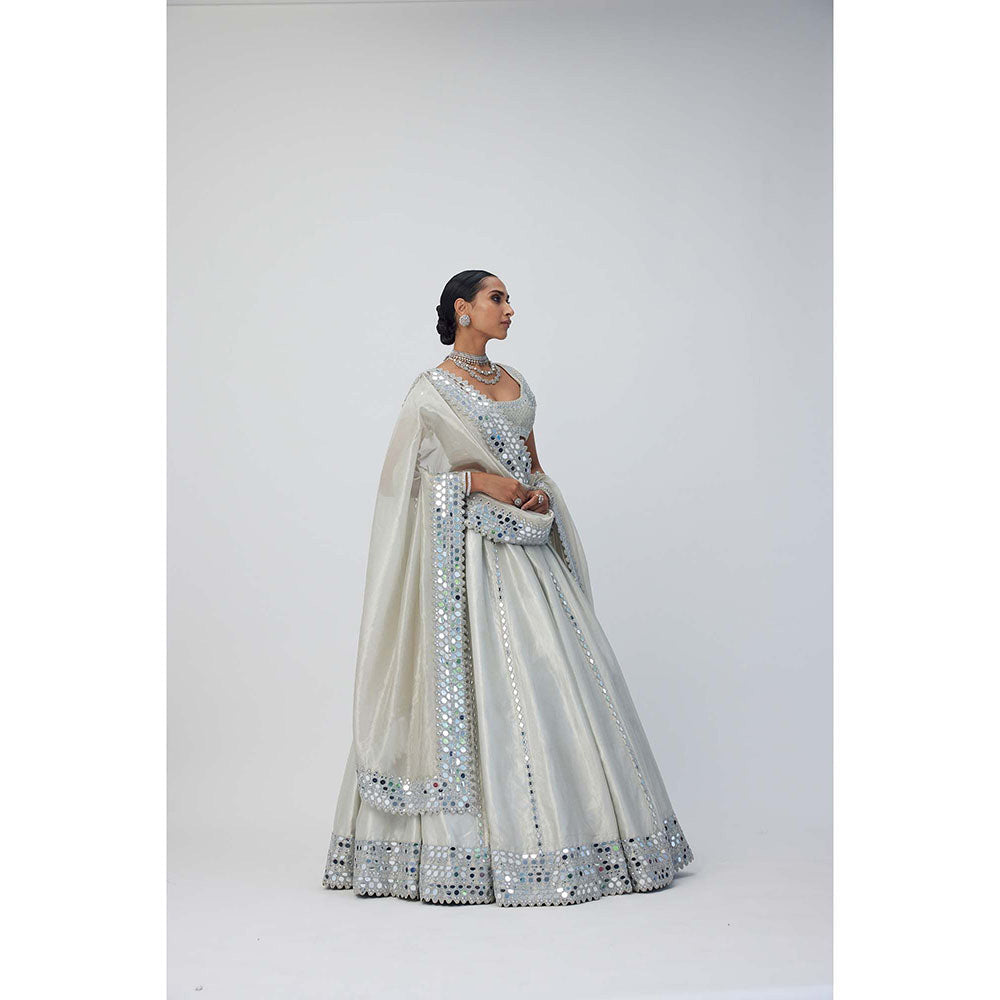 Vvani by Vani Vats Silver Shimmer Organza Linear Lehenga with Blouse and Dupatta (Set of 3)