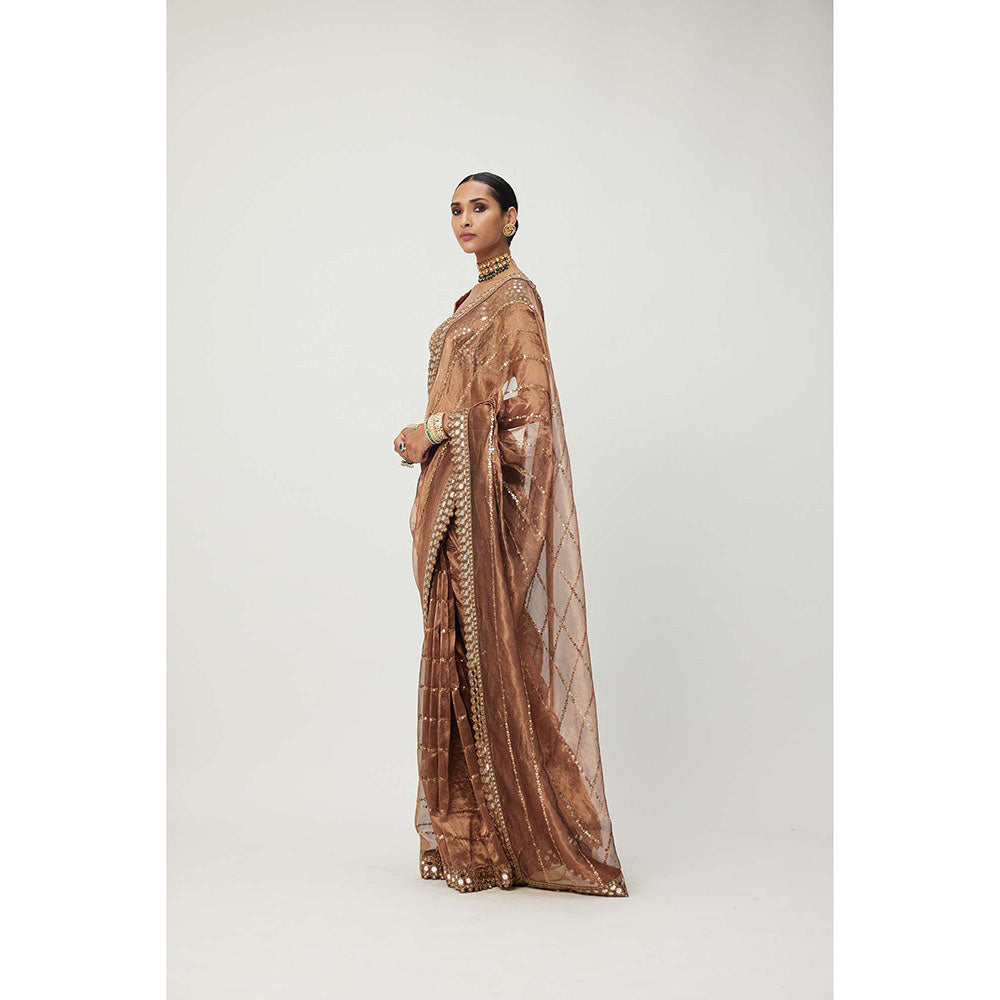 Vvani by Vani Vats Copper Shimmer Organza Saree with Stitched Blouse