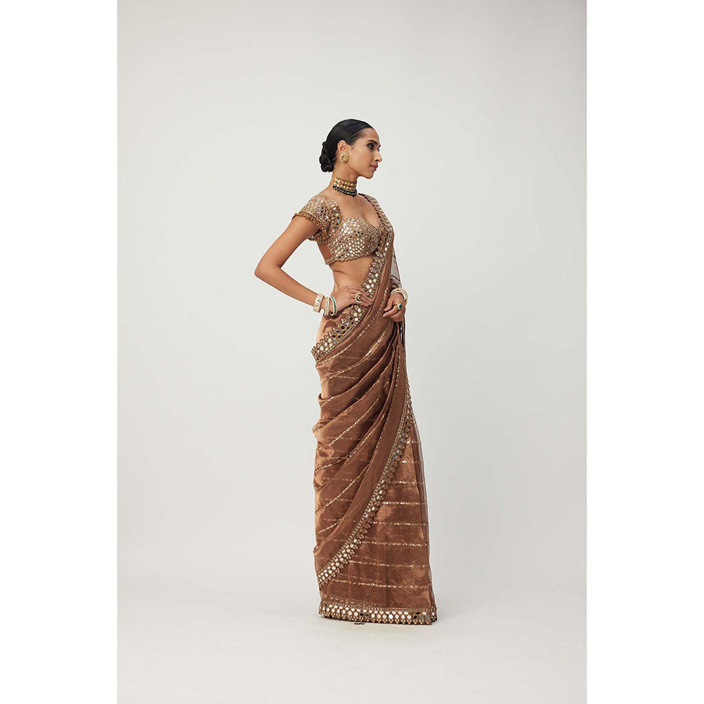 Vvani by Vani Vats Copper Shimmer Organza Saree with Stitched Blouse