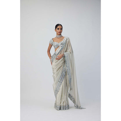 Vvani by Vani Vats Silver Shimmer Organza Saree with Stitched Blouse