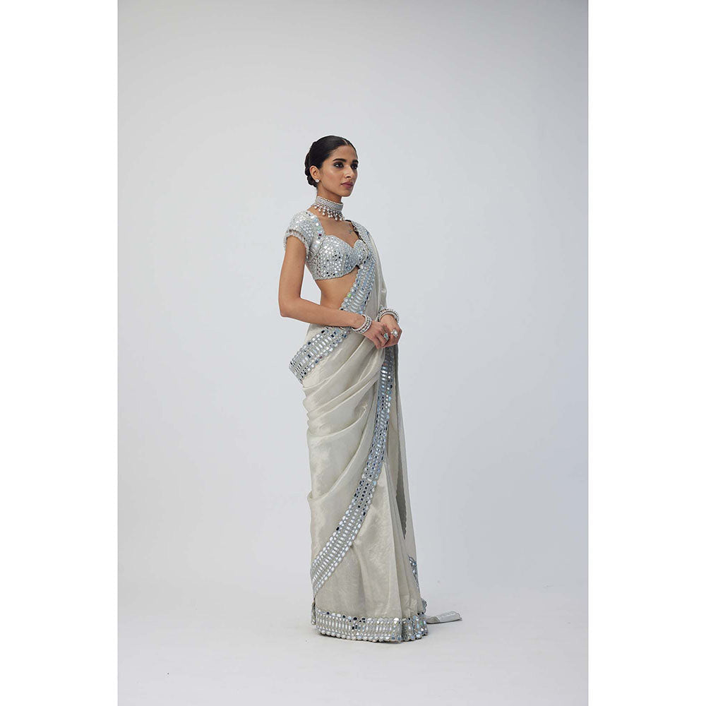 Vvani by Vani Vats Silver Shimmer Organza Saree with Stitched Blouse