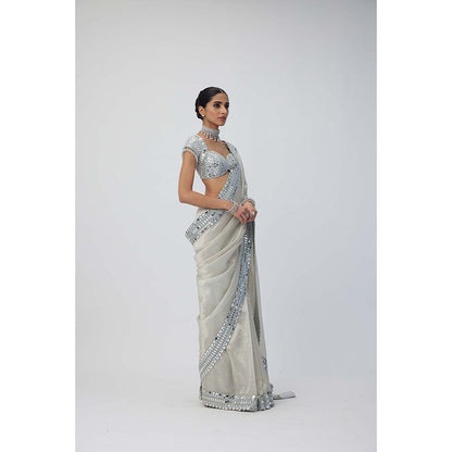 Vvani by Vani Vats Silver Shimmer Organza Saree with Stitched Blouse