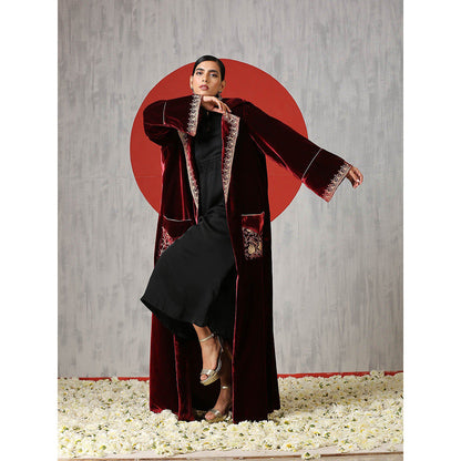 WAZIR C Black Midi Dress with Maroon Cape (Set of 2)