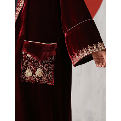 WAZIR C Black Midi Dress with Maroon Cape (Set of 2)