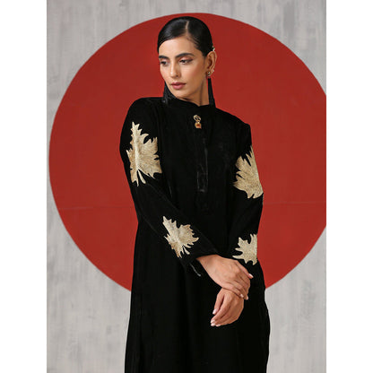 WAZIR C The Black Coord Set Includes A Velvet Kurta And Straight Fit Pants (Set of 2)