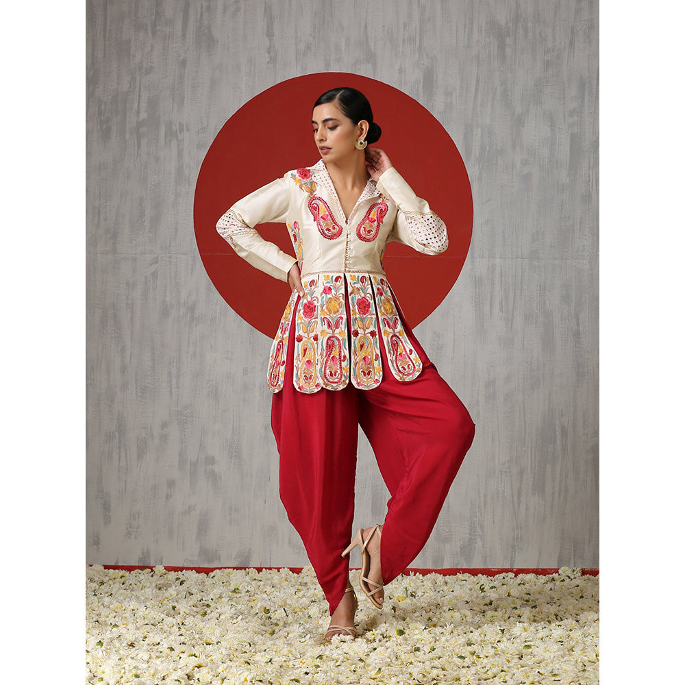 WAZIR C Off White Flared Silk Tunic with Red Tulip Pants. (Set of 2)