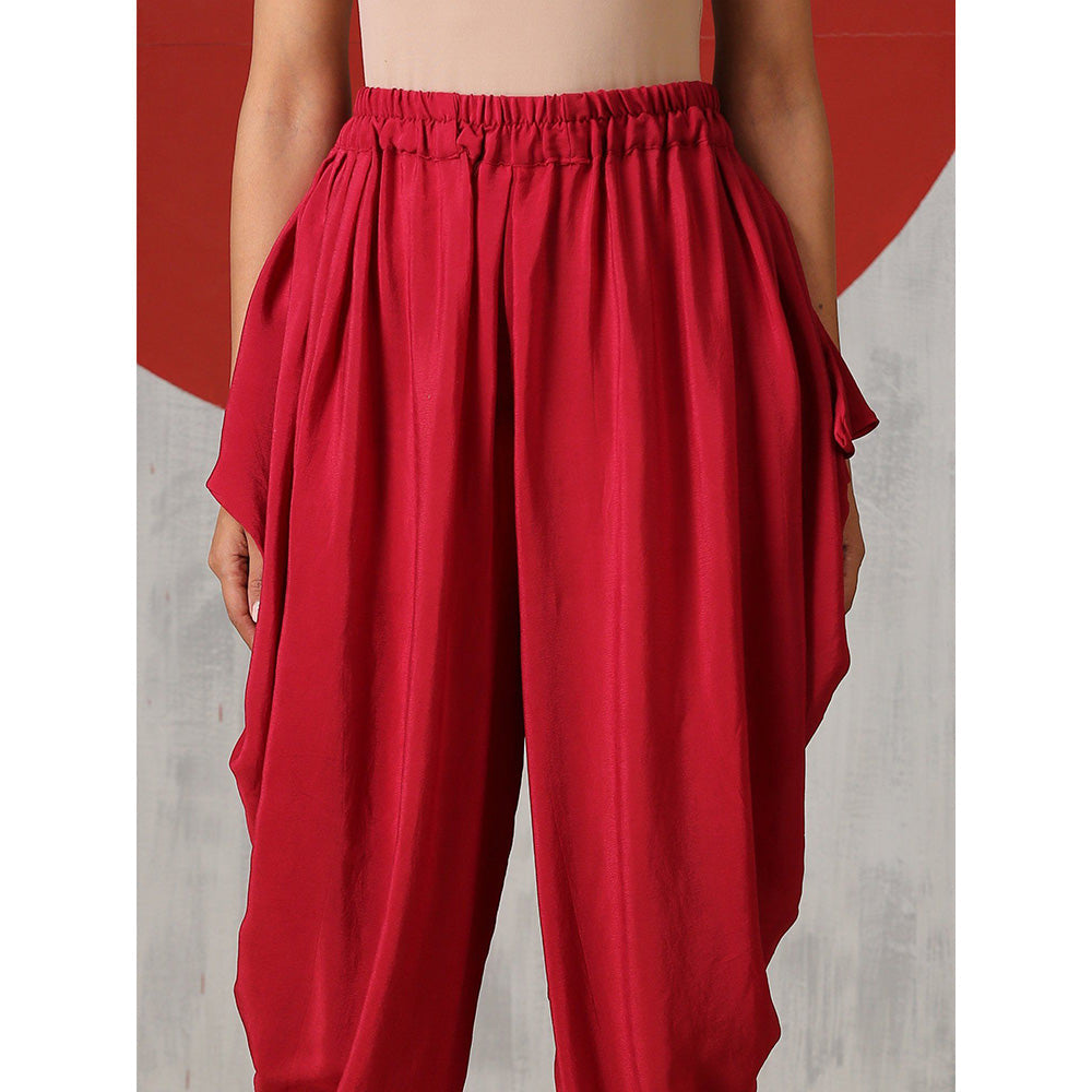 WAZIR C Off White Flared Silk Tunic with Red Tulip Pants. (Set of 2)