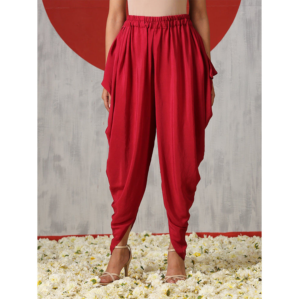 WAZIR C Off White Flared Silk Tunic with Red Tulip Pants. (Set of 2)