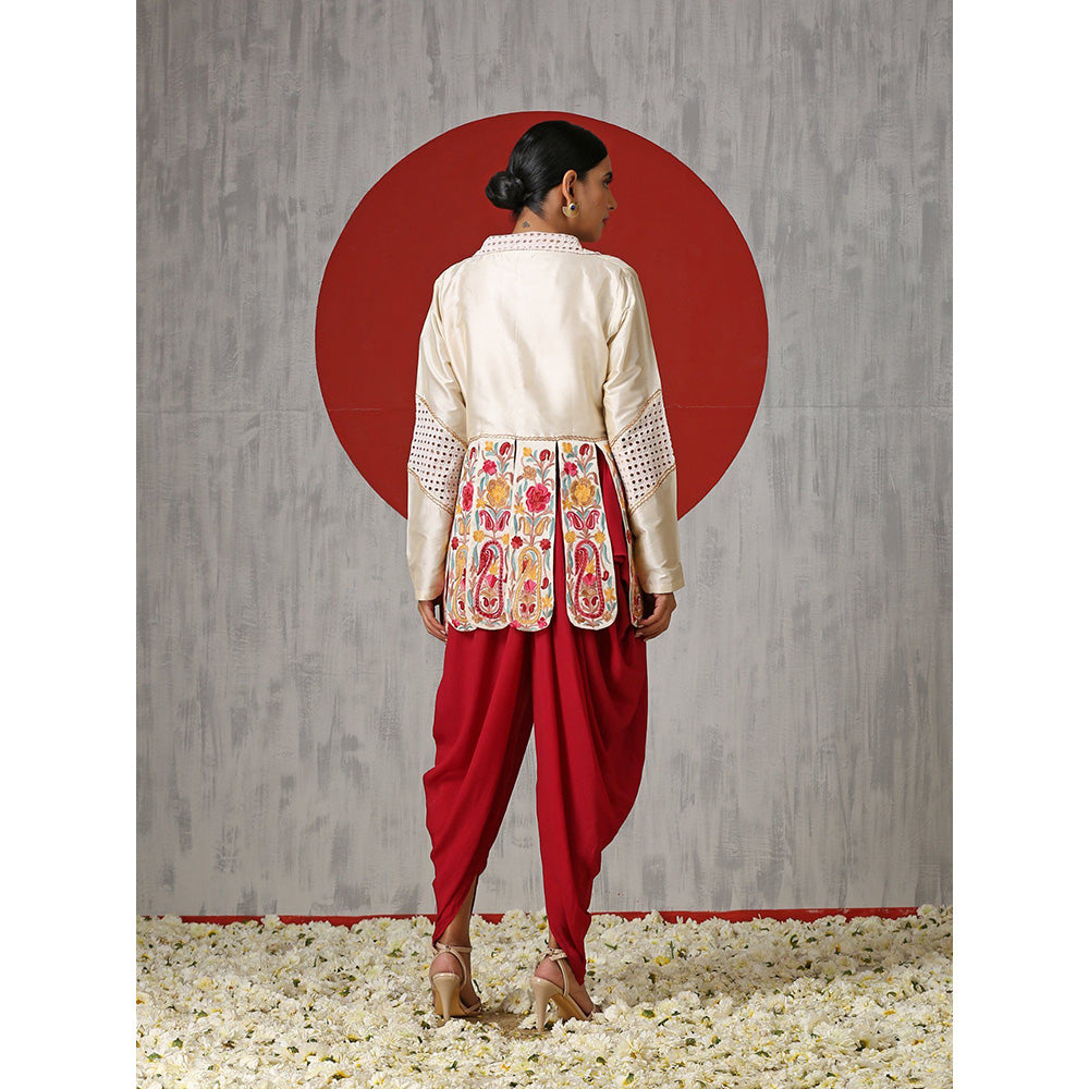 WAZIR C Off White Flared Silk Tunic with Red Tulip Pants. (Set of 2)