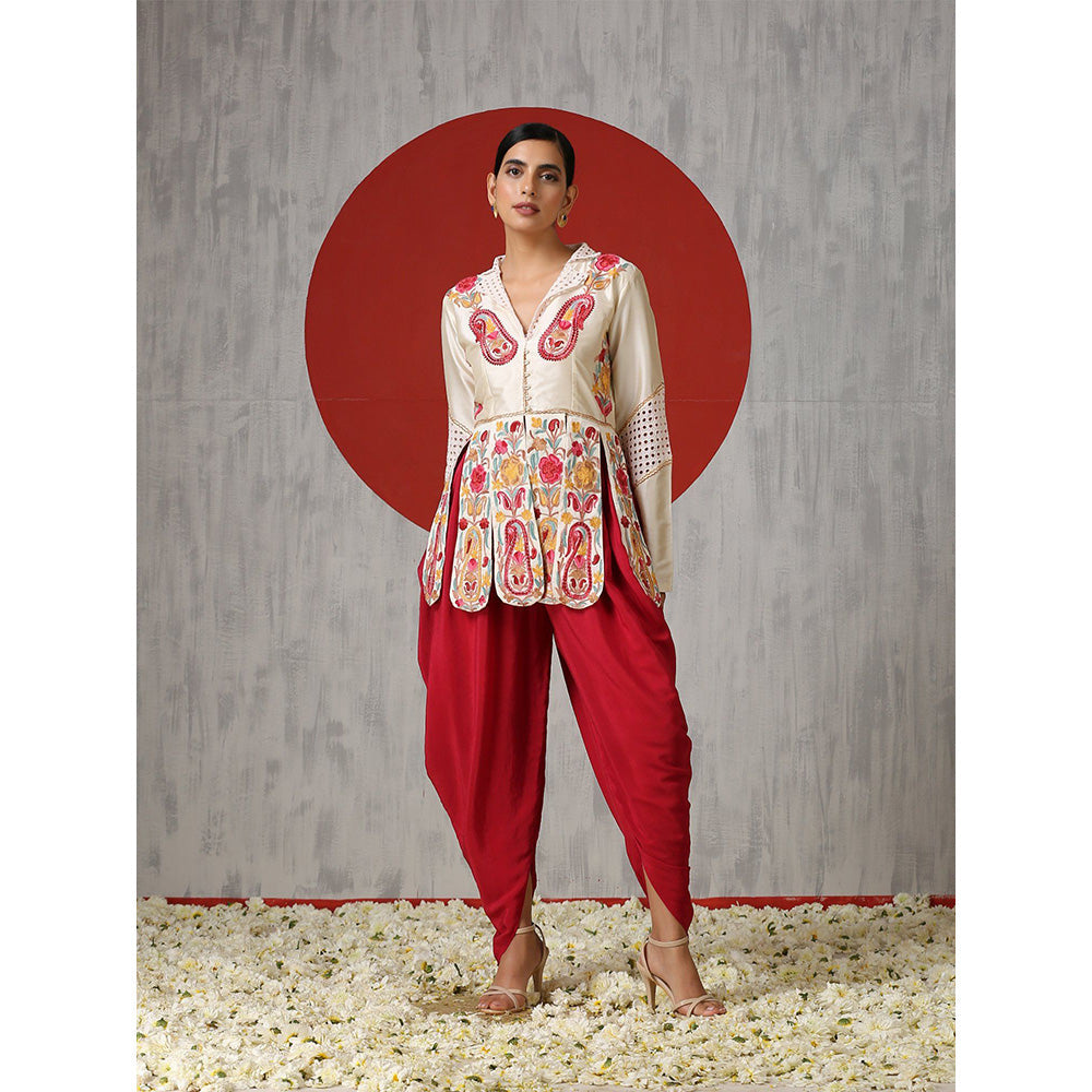 WAZIR C Off White Flared Silk Tunic with Red Tulip Pants. (Set of 2)