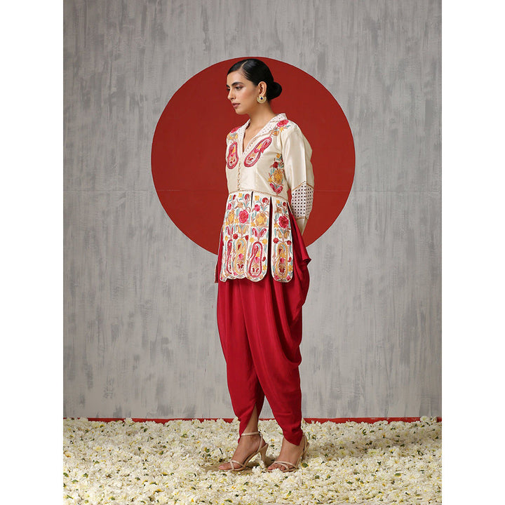 WAZIR C Off White Flared Silk Tunic with Red Tulip Pants. (Set of 2)
