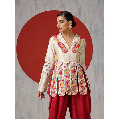 WAZIR C Off White Flared Silk Tunic with Red Tulip Pants. (Set of 2)