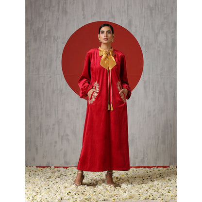 WAZIR C Long Sleeved Red Velvet Dress with Golden Bow