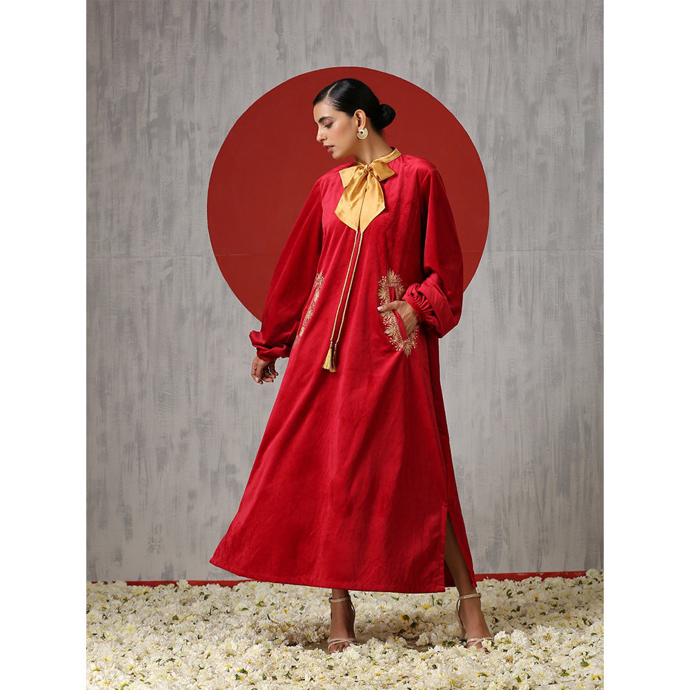 WAZIR C Long Sleeved Red Velvet Dress with Golden Bow