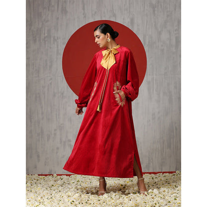 WAZIR C Long Sleeved Red Velvet Dress with Golden Bow