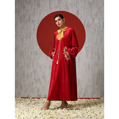 WAZIR C Long Sleeved Red Velvet Dress with Golden Bow