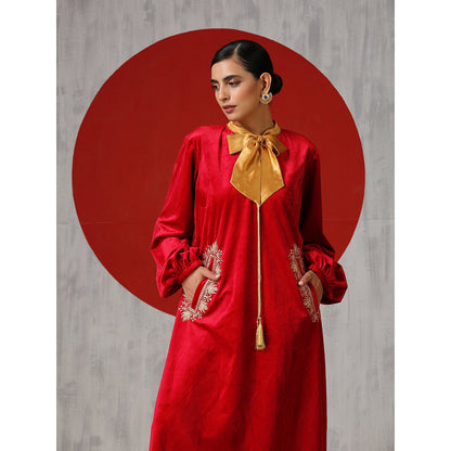 WAZIR C Long Sleeved Red Velvet Dress with Golden Bow