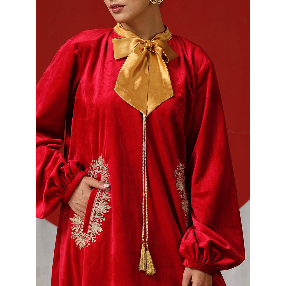 WAZIR C Long Sleeved Red Velvet Dress with Golden Bow