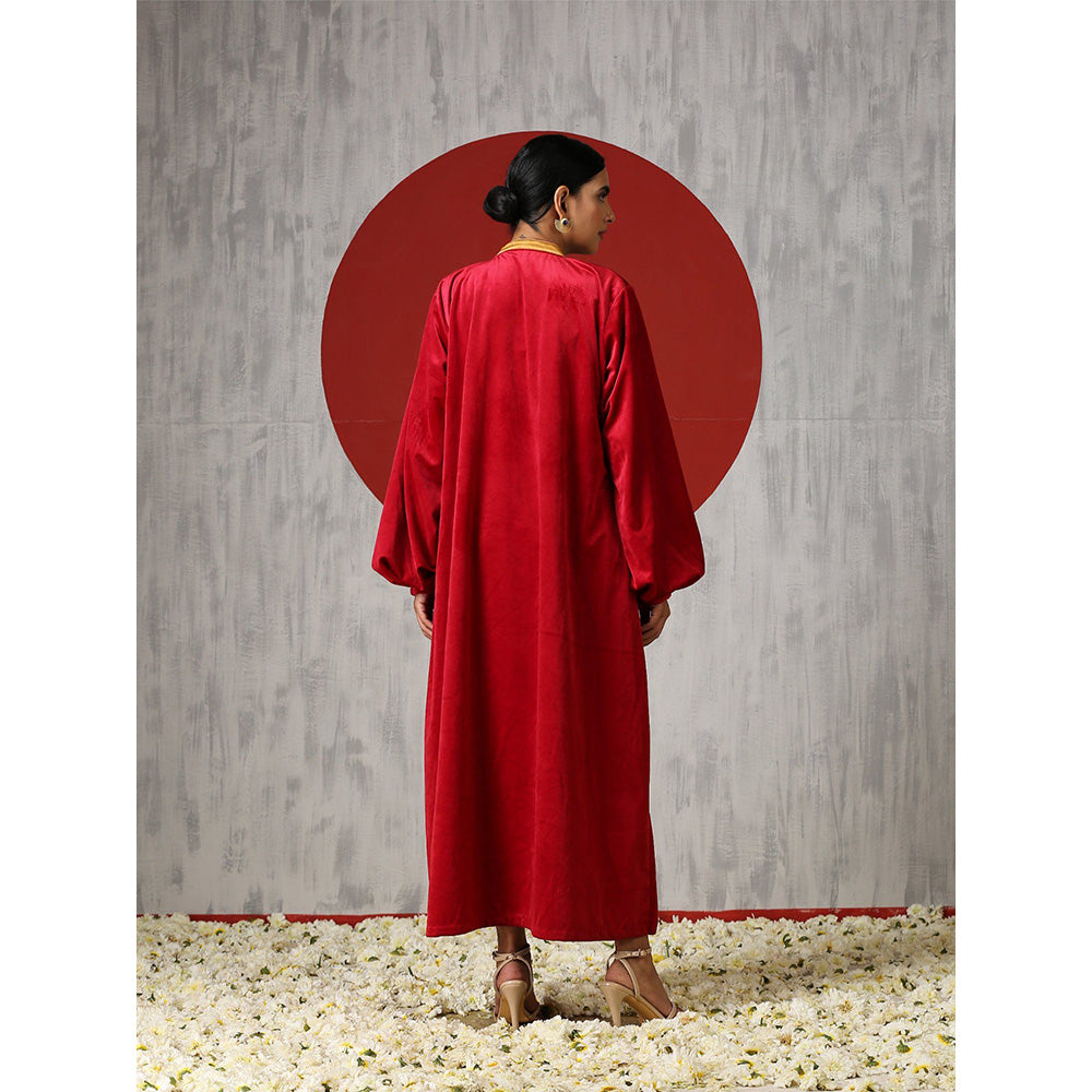 WAZIR C Long Sleeved Red Velvet Dress with Golden Bow