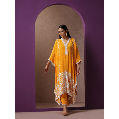 WAZIR C V Neck Mustard Colored Kaftaan with Mustard Straight Fit Pants (Set of 2)