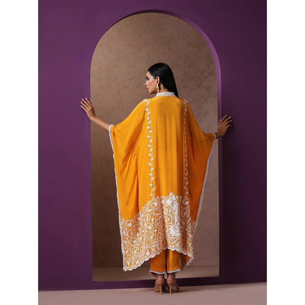 WAZIR C V Neck Mustard Colored Kaftaan with Mustard Straight Fit Pants (Set of 2)