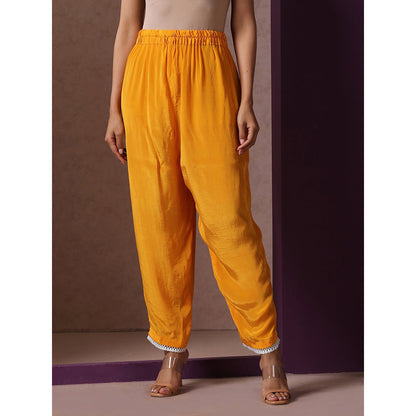 WAZIR C V Neck Mustard Colored Kaftaan with Mustard Straight Fit Pants (Set of 2)