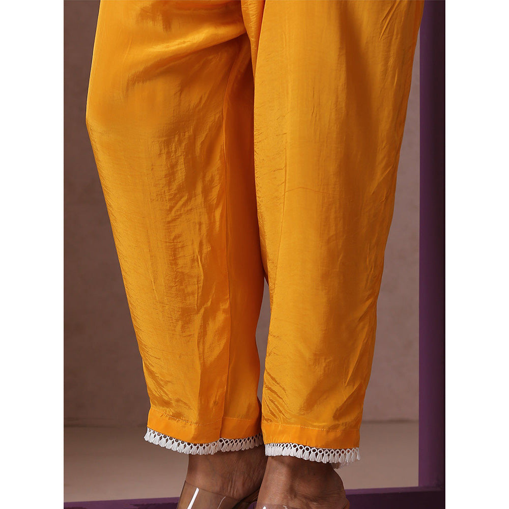WAZIR C V Neck Mustard Colored Kaftaan with Mustard Straight Fit Pants (Set of 2)