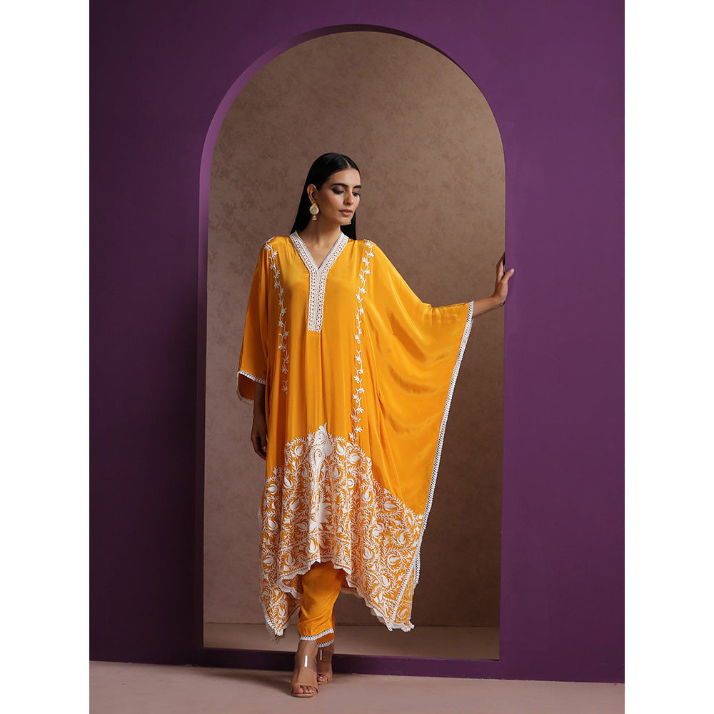 WAZIR C V Neck Mustard Colored Kaftaan with Mustard Straight Fit Pants (Set of 2)