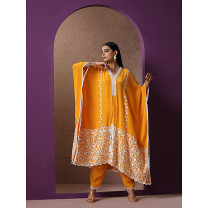WAZIR C V Neck Mustard Colored Kaftaan with Mustard Straight Fit Pants (Set of 2)
