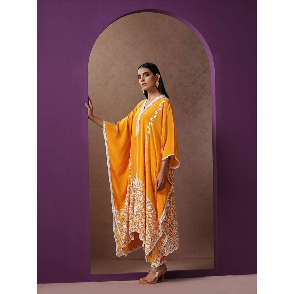 WAZIR C V Neck Mustard Colored Kaftaan with Mustard Straight Fit Pants (Set of 2)