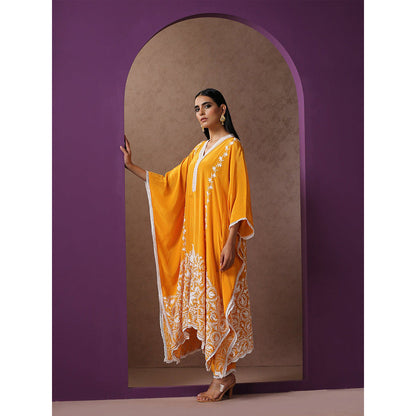 WAZIR C V Neck Mustard Colored Kaftaan with Mustard Straight Fit Pants (Set of 2)