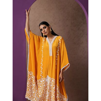 WAZIR C V Neck Mustard Colored Kaftaan with Mustard Straight Fit Pants (Set of 2)