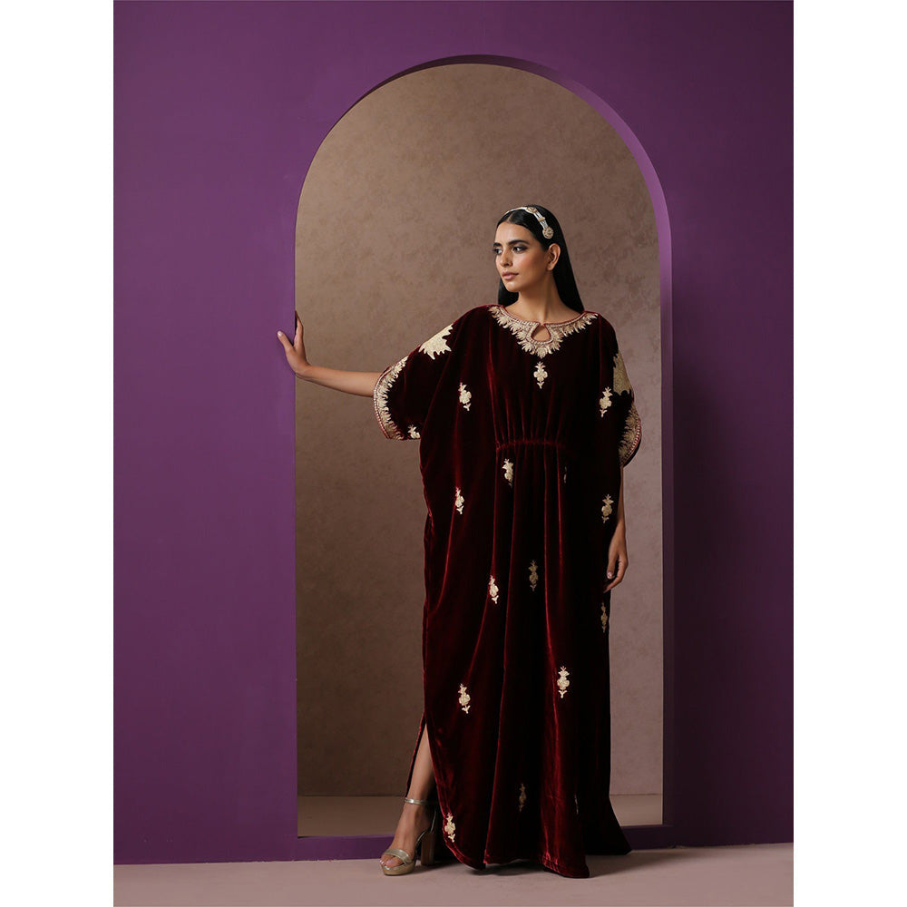 WAZIR C Maroon Velvet Kaftaan