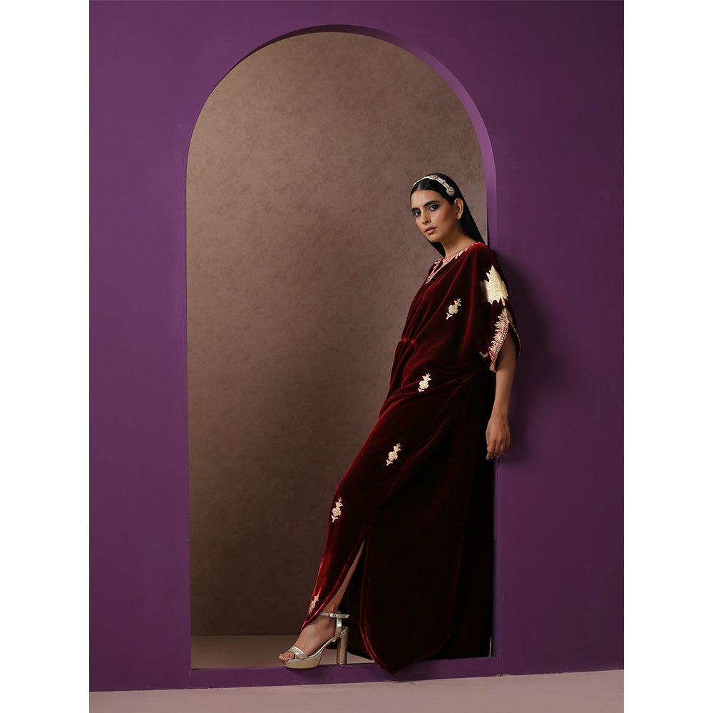 WAZIR C Maroon Velvet Kaftaan