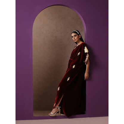 WAZIR C Maroon Velvet Kaftaan