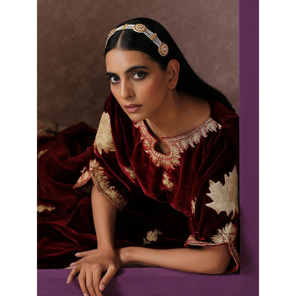 WAZIR C Maroon Velvet Kaftaan