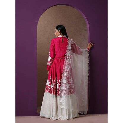 WAZIR C Hot Pink And White Lehenga Top with Dupatta (Set of 3)