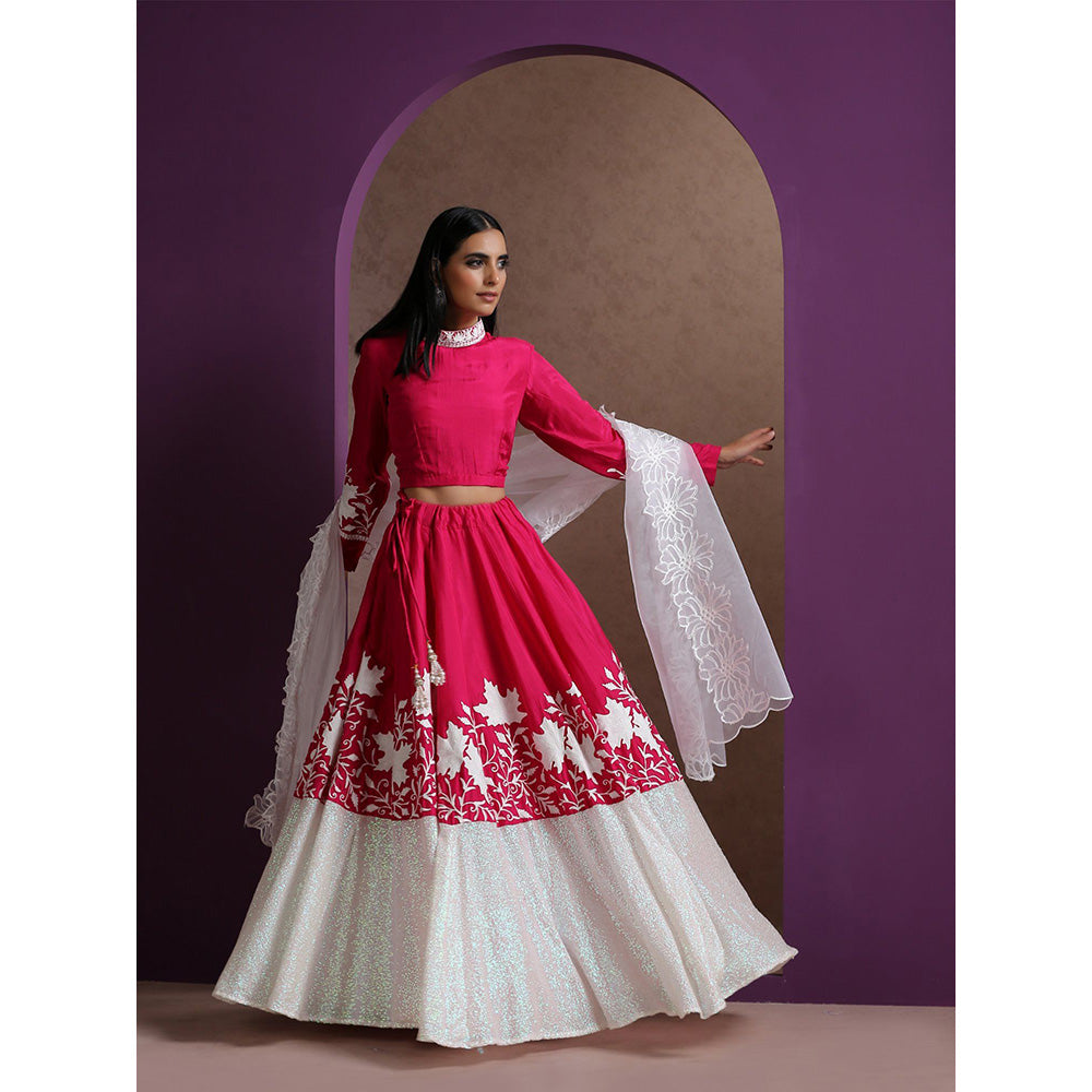 WAZIR C Hot Pink And White Lehenga Top with Dupatta (Set of 3)