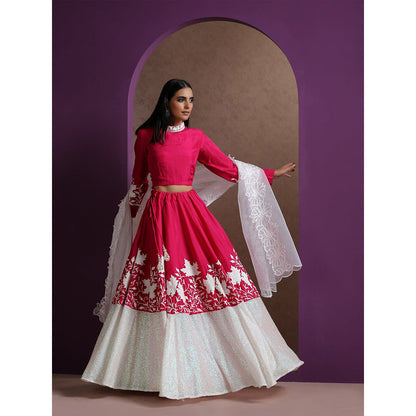 WAZIR C Hot Pink And White Lehenga Top with Dupatta (Set of 3)