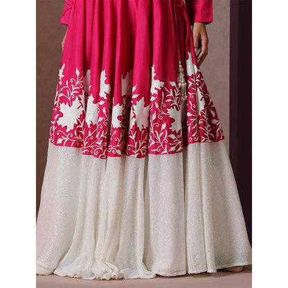 WAZIR C Hot Pink And White Lehenga Top with Dupatta (Set of 3)